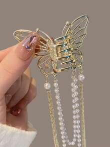 1入組女士珍珠流蘇裝飾水鑽蝴蝶設計魅力四射髮爪適用於頭髮裝飾用品 - 金色 - 查看 2