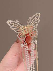 1入組女士珍珠流蘇裝飾水鑽蝴蝶設計魅力四射髮爪適用於頭髮裝飾用品 - 金色 - 查看 3