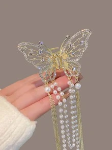 1入組女士珍珠流蘇裝飾水鑽蝴蝶設計魅力四射髮爪適用於頭髮裝飾用品 - 金色 - 查看 4