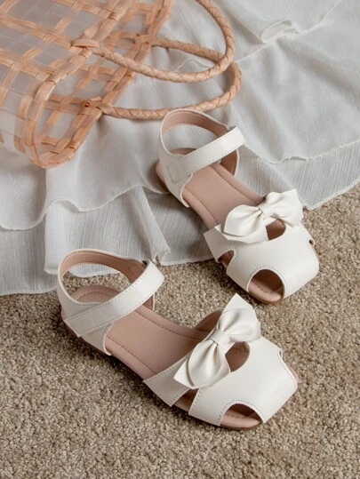 Preppy Ankle Strap Sandals For Girls, Cut Out Design Bow Decor Flat Sandals
