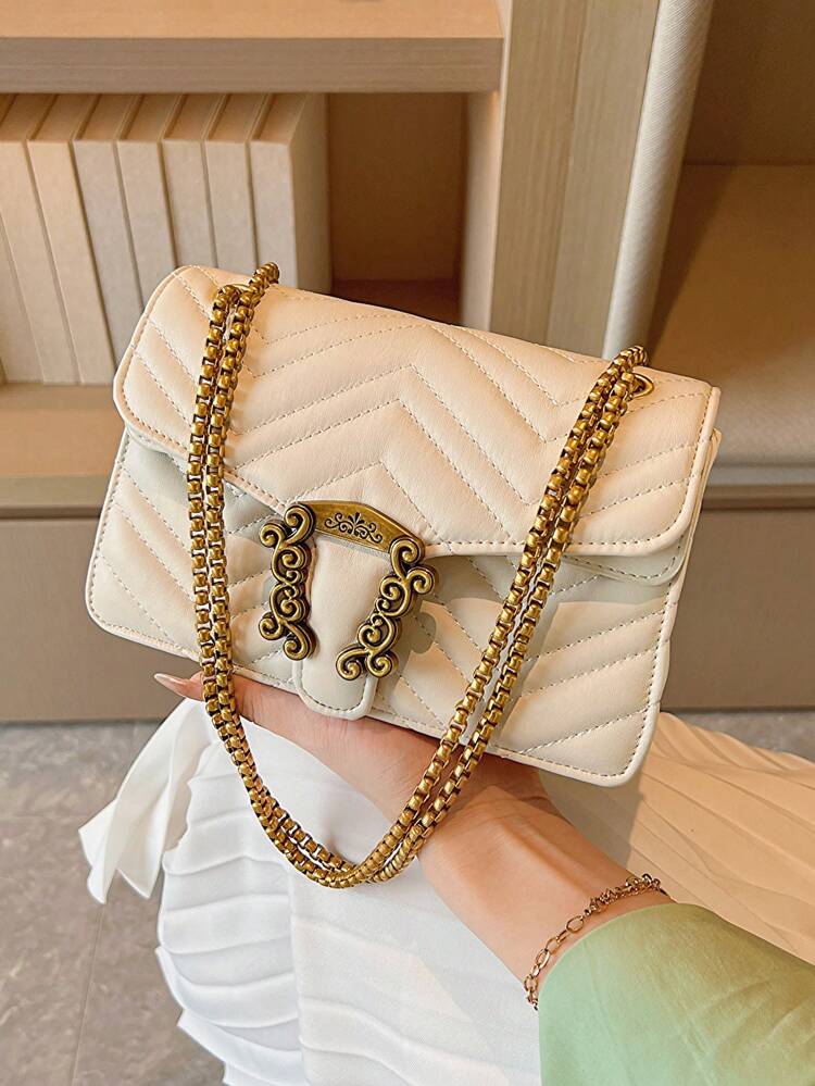 Small Square Bag Fashionable Metal Decor Chevron Quilted Flap Chain PU