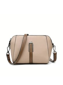 Mini Square Bag Metal Decor Two Tone With Zipper PU Fashionable - Khaki - View 2