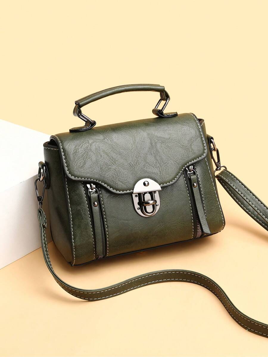 迷你方包扭鎖鉚釘裝飾頂部單條提帶翻蓋PU皮革復古 - 綠色 - 查看 1