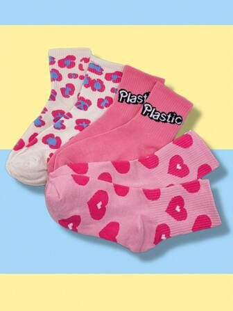 3雙裝女式字母圖形心形印花時尚及踝襪適合日常生活