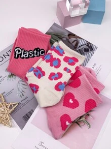 3雙裝女式字母圖形心形印花時尚及踝襪適合日常生活 - 粉色 - 查看 2