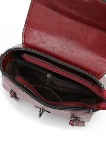 復古迷你方形包,扭轉鎖扣翻蓋pu - 酒紅色 - 查看 6