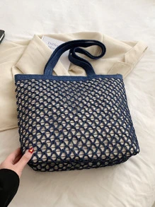 Large Crochet Bag With Zipper Colorblock - Navy Blue - View 2