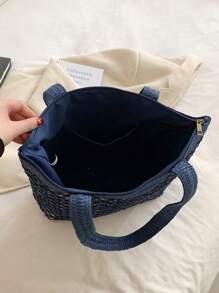 Large Crochet Bag With Zipper Colorblock - Navy Blue - View 3