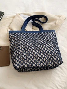 Large Crochet Bag With Zipper Colorblock - Navy Blue - View 5