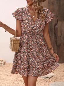 SHEIN VCAY 碎花蝴蝶袖荷葉邊連衣裙 - 彩色 - 查看 3