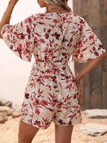 SHEIN VCAY Floral Print Butterfly Sleeve Belted Romper