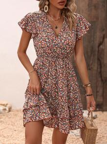 SHEIN VCAY 碎花蝴蝶袖荷葉邊連衣裙 - 彩色 - 查看 4