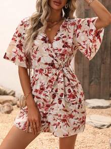 SHEIN VCAY Floral Print Butterfly Sleeve Belted Romper