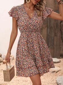 SHEIN VCAY 碎花蝴蝶袖荷葉邊連衣裙 - 彩色 - 查看 5