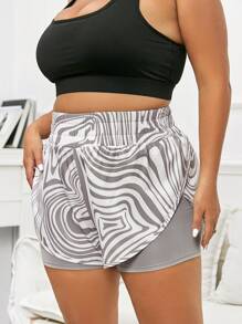 Plus Allover Print Wideband Waist 2 In 1 Sports Shorts - Multicolor - View 1