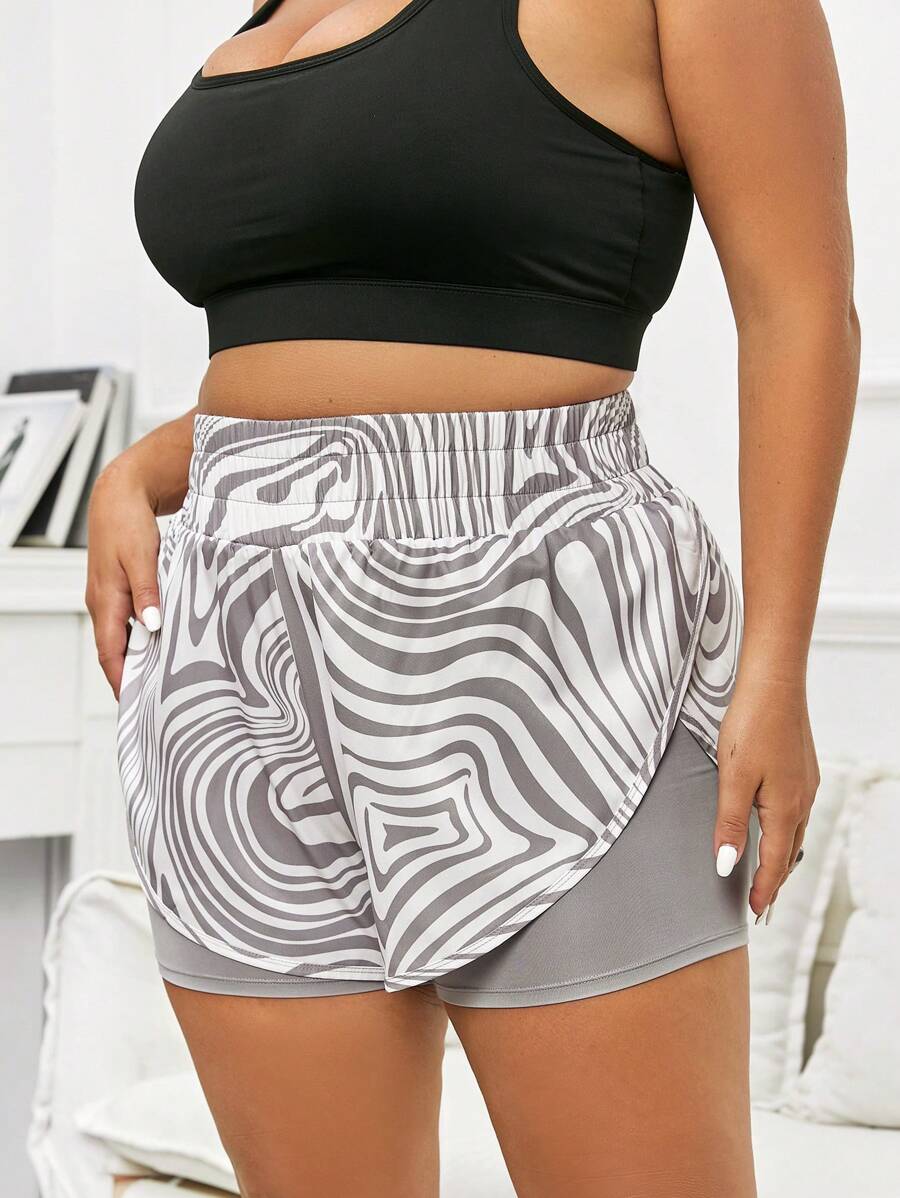 Plus Allover Print Wideband Waist 2 In 1 Sports Shorts - Multicolor - View 1