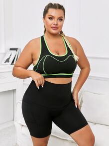 Sujetador deportivo unido en contraste de espalda nadadora - Negro - Ver 5