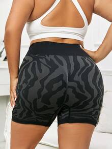 Plus Zebra Striped Print Wideband Waist Sports Shorts - Black - View 2