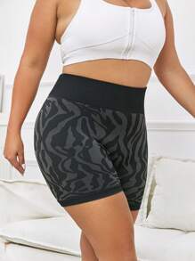Plus Zebra Striped Print Wideband Waist Sports Shorts - Black - View 4