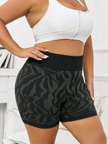 Plus Zebra Striped Print Wideband Waist Sports Shorts - Black - View 5