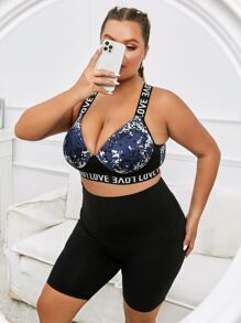 Plus Letter Tape Sports Bra - Blue - View 3