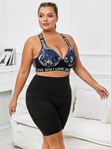 Plus Letter Tape Sports Bra - Blue - View 5