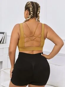 Plus Solid Cut Out Crop Sports Bra - Mustard Yellow - View 2