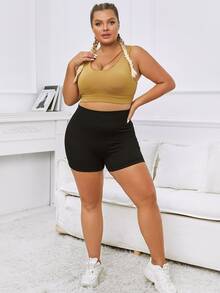 Plus Solid Cut Out Crop Sports Bra - Mustard Yellow - View 3