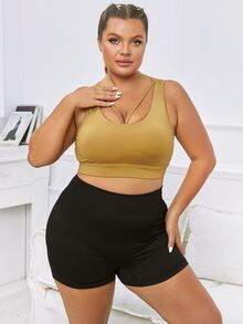 Plus Solid Cut Out Crop Sports Bra - Mustard Yellow - View 4