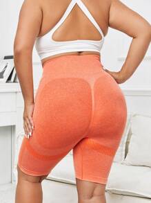 Plus Solid Wideband Waist Sports Shorts - Orange - View 2