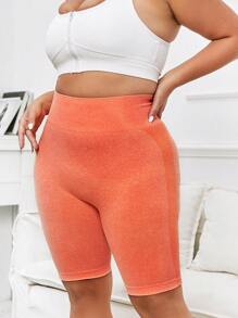 Plus Solid Wideband Waist Sports Shorts - Orange - View 3