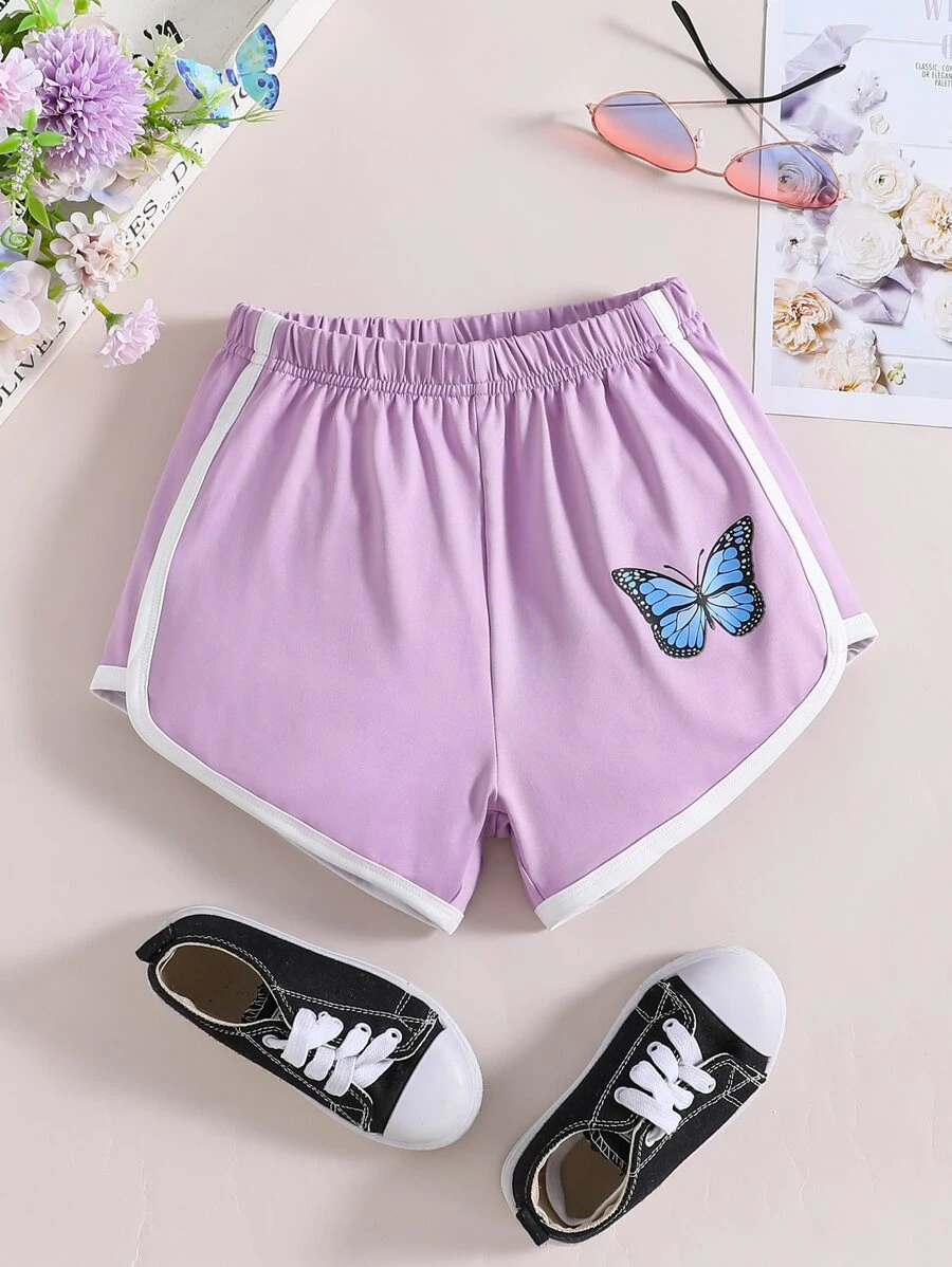 Girls Butterfly Print Contrast Binding Track Shorts - Lilac Purple - View 1