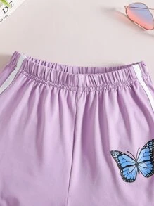 Girls Butterfly Print Contrast Binding Track Shorts - Lilac Purple - View 3