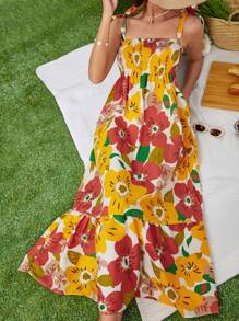 Cottnline Vestido de tirantes con estampado floral de hombros con cordón bajo con fruncido - Multicolor - Ver 1