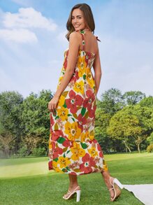 Cottnline Vestido de tirantes con estampado floral de hombros con cordón bajo con fruncido - Multicolor - Ver 2