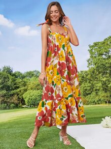 Cottnline Vestido de tirantes con estampado floral de hombros con cordón bajo con fruncido - Multicolor - Ver 3