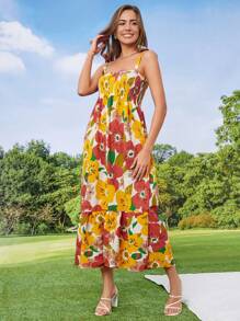 Cottnline Vestido de tirantes con estampado floral de hombros con cordón bajo con fruncido - Multicolor - Ver 4