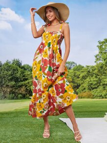 Cottnline Vestido de tirantes con estampado floral de hombros con cordón bajo con fruncido - Multicolor - Ver 5