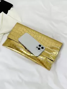 Crocodile Embossed Envelope Bag Flap Metallic PU Funky - Gold - View 6