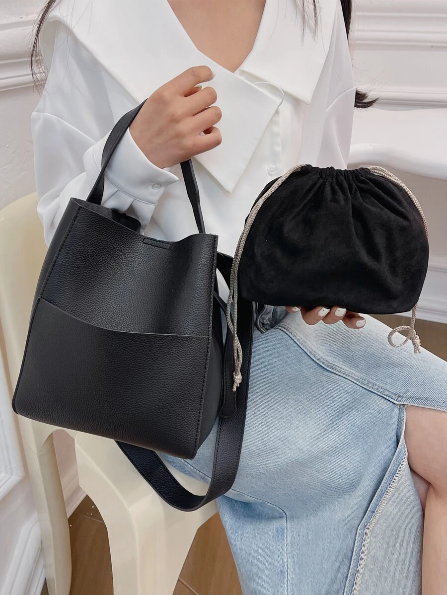 Litchi Embossed Bucket Bag With Inner Pouch Elegant Top Handle PU - Black - View 1