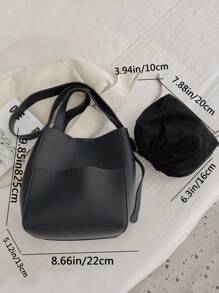 Litchi Embossed Bucket Bag With Inner Pouch Elegant Top Handle PU - Black - View 4