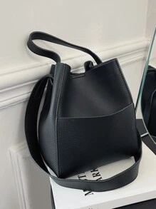 Litchi Embossed Bucket Bag With Inner Pouch Elegant Top Handle PU - Black - View 6