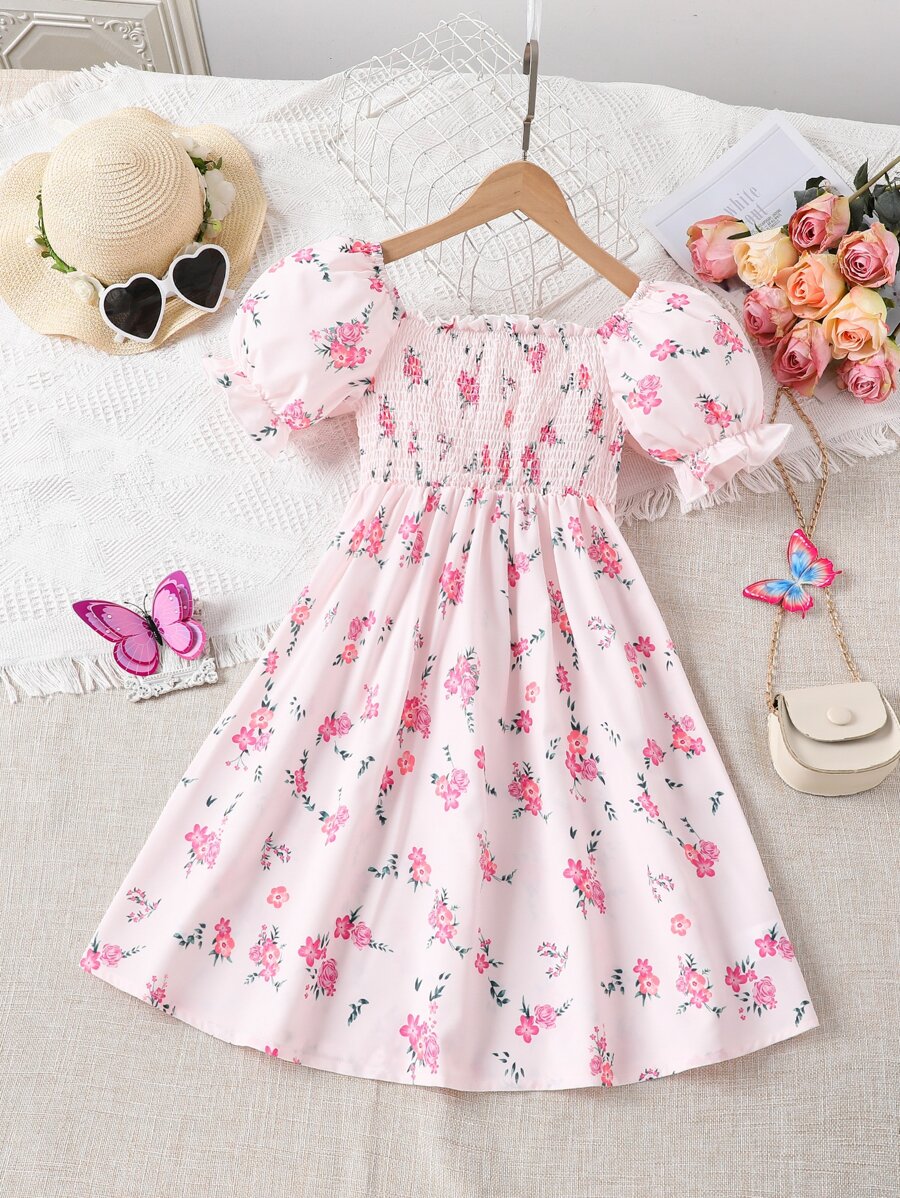 SHEIN Đầm Gái viền lá sen Xù Dải chun Hoa Tất cả trên in Boho - Hồng - Xem 1