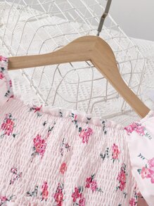 SHEIN Đầm Gái viền lá sen Xù Dải chun Hoa Tất cả trên in Boho - Hồng - Xem 5