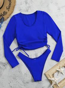 Rashguard da spiaggia estivo con laccetto laterale e taglio alto - Blu reale - Visualizzare 6