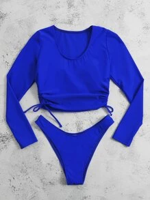 Rashguard da spiaggia estivo con laccetto laterale e taglio alto - Blu reale - Visualizzare 4
