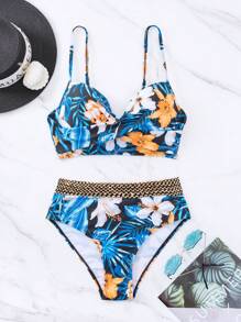 SHEIN Swim 熱帶圖案聚攏比基尼泳裝 - 彩色 - 查看 3