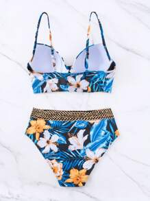 SHEIN Swim 熱帶圖案聚攏比基尼泳裝 - 彩色 - 查看 2
