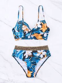 SHEIN Swim 熱帶圖案聚攏比基尼泳裝 - 彩色 - 查看 5