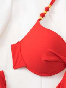 SHEIN Swim Bañador bikini push up con estampado de dibujo con nudo delantero halter - Rojo - Ver 4